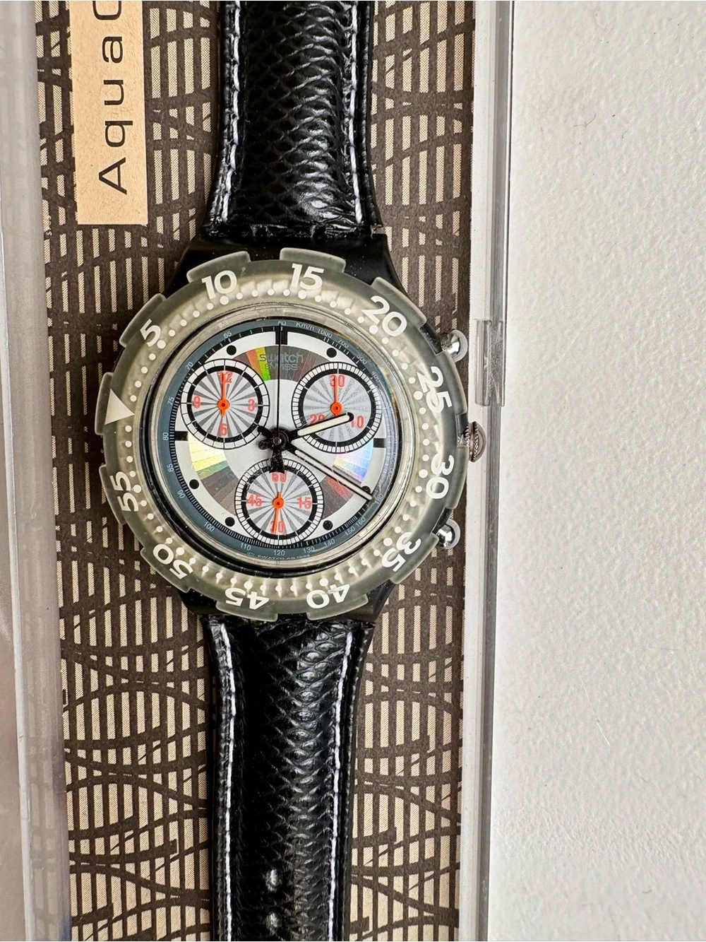 Swatch Iridescent Dial Chronograph with Black Leather Strap